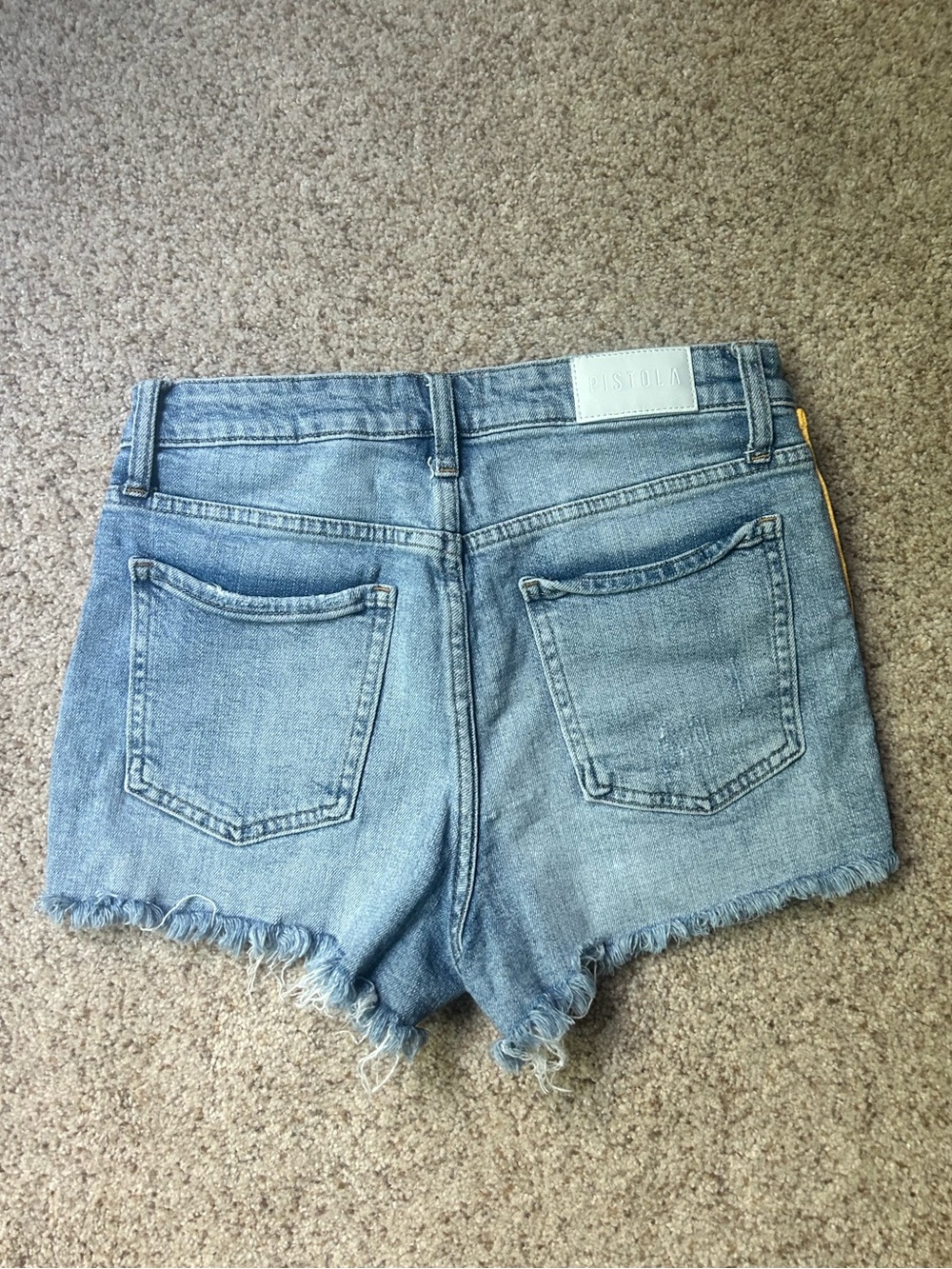 pistola Blue Denim tuxedo cutoff Shorts with Yellow & White Side Stripes Sz 29 - Picture 3 of 3